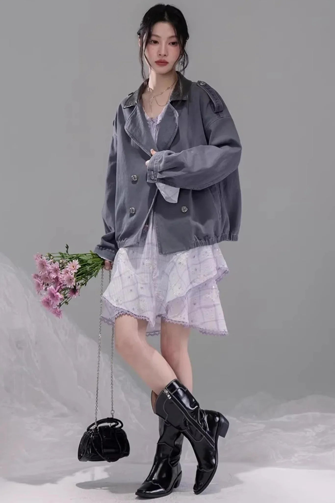 Ink Gray Leather Patchwork Jacket
