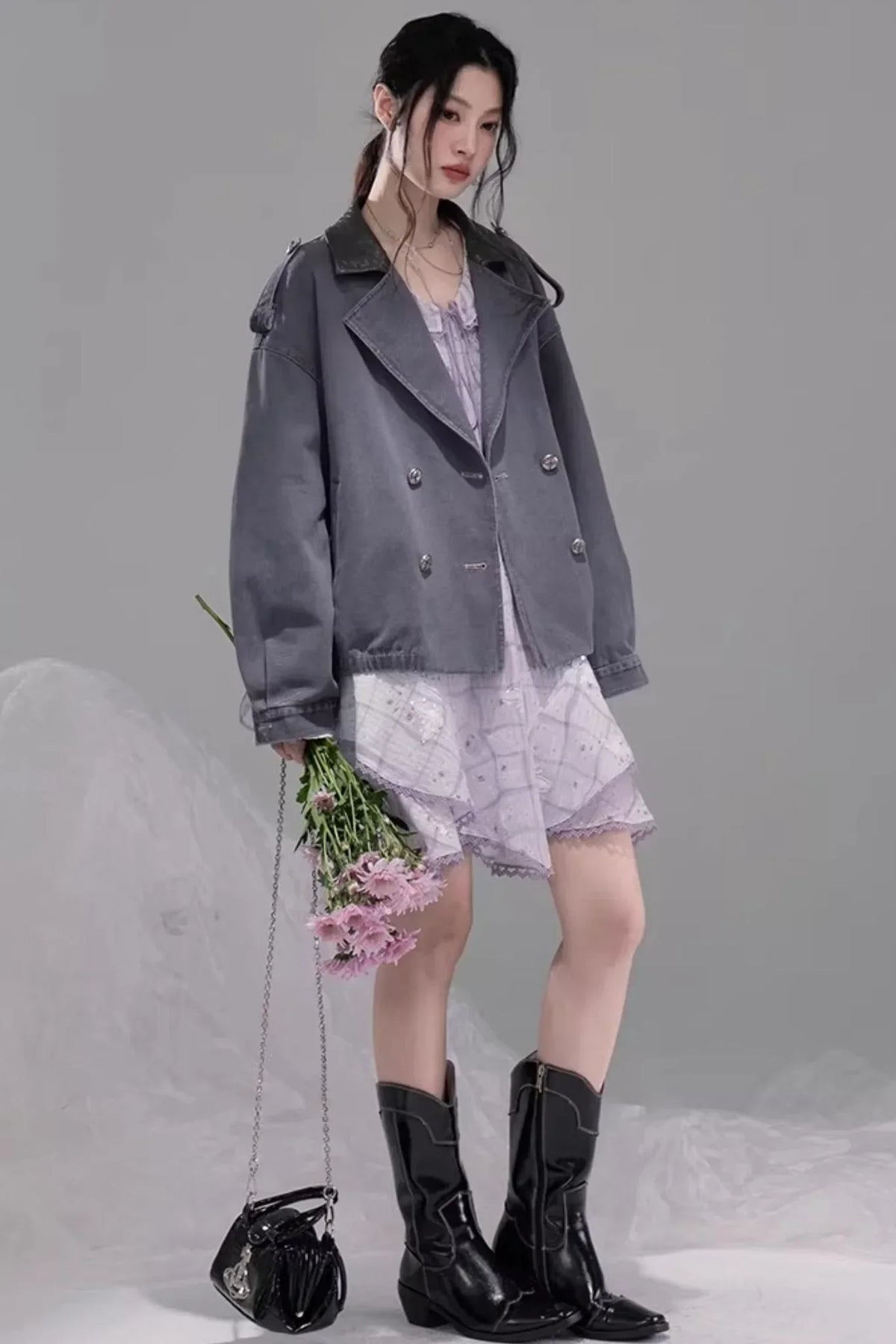 Ink Gray Leather Patchwork Jacket