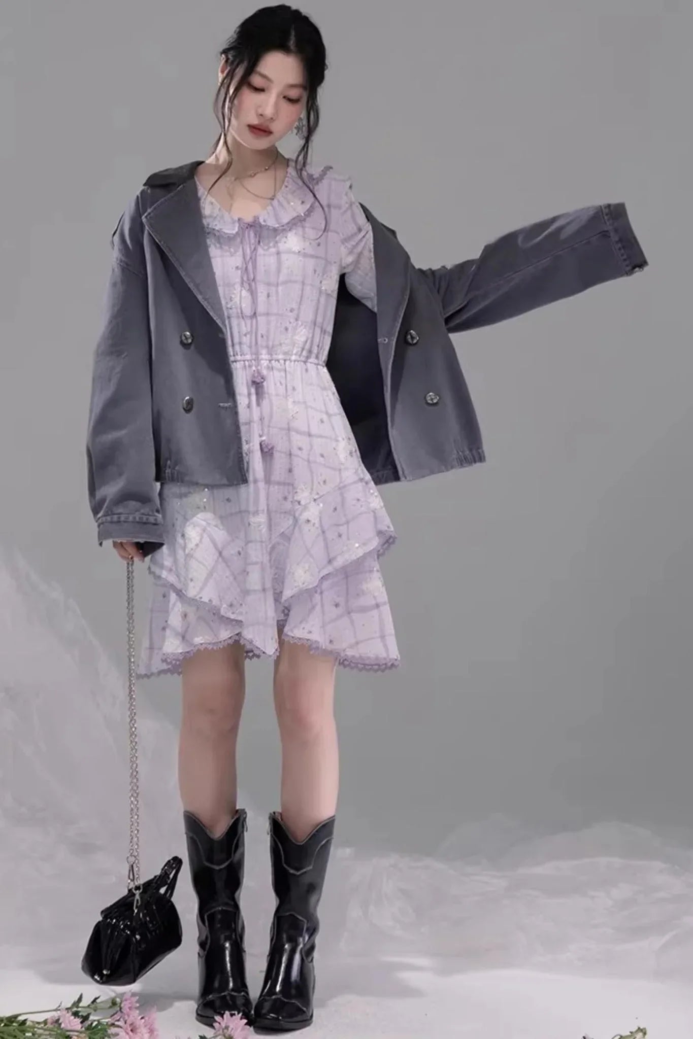 Ink Gray Leather Patchwork Jacket