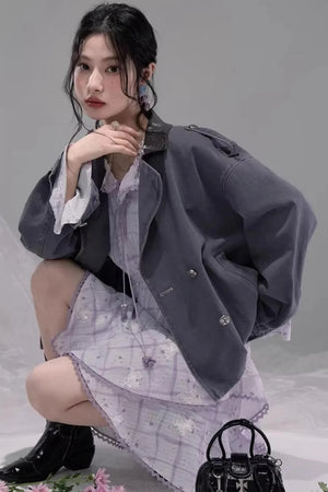 Ink Gray Leather Patchwork Jacket