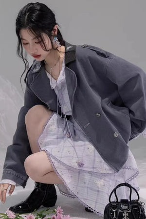 Ink Gray Leather Patchwork Jacket