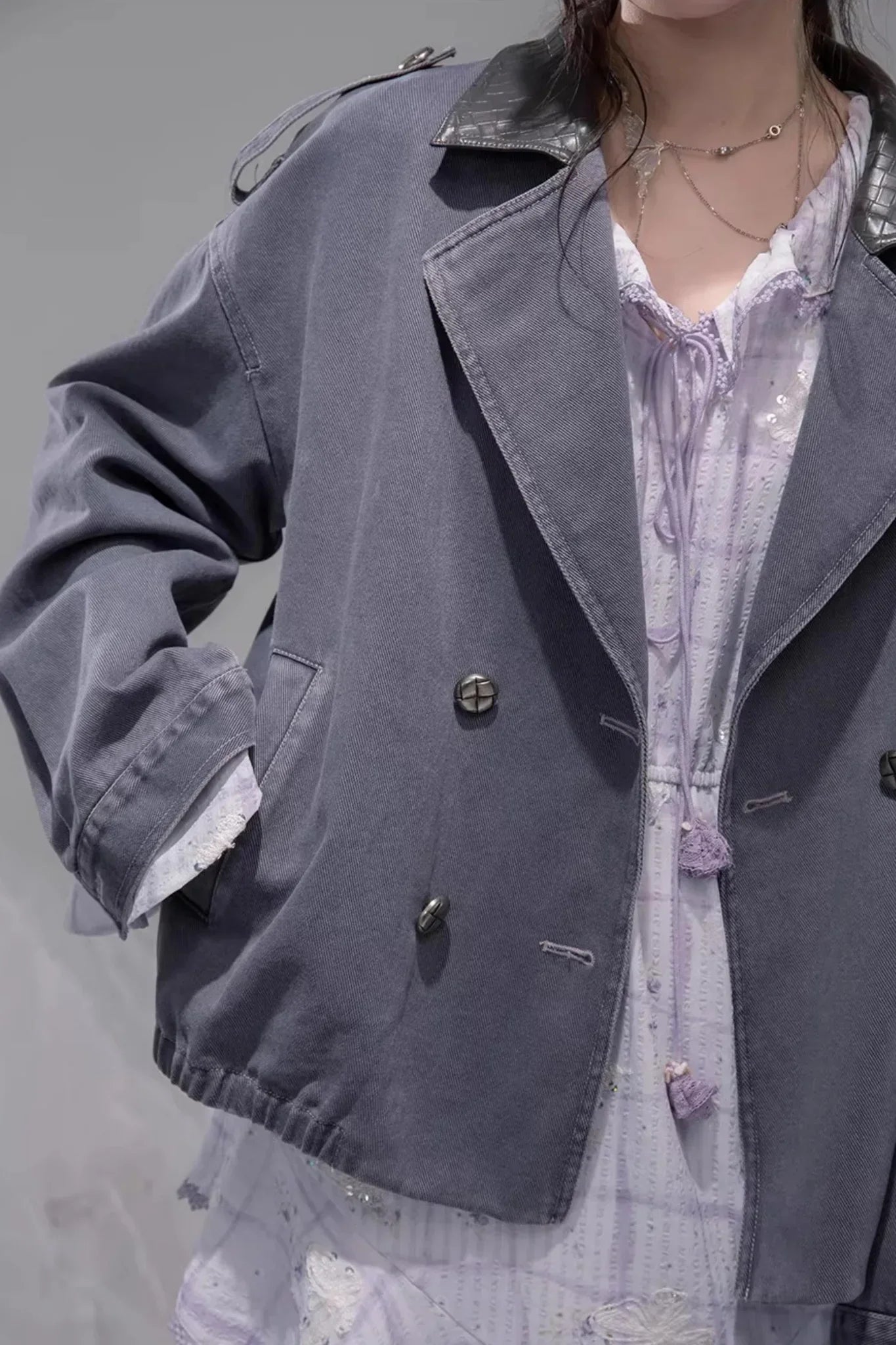 Ink Gray Leather Patchwork Jacket