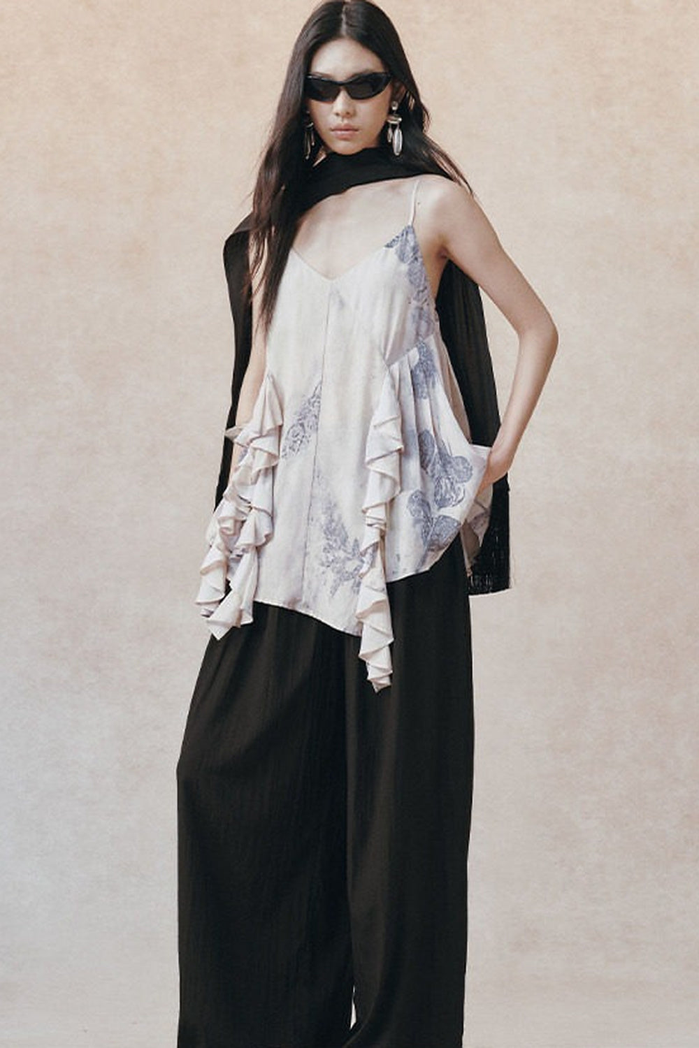 Ink Print Ruffled Camisole