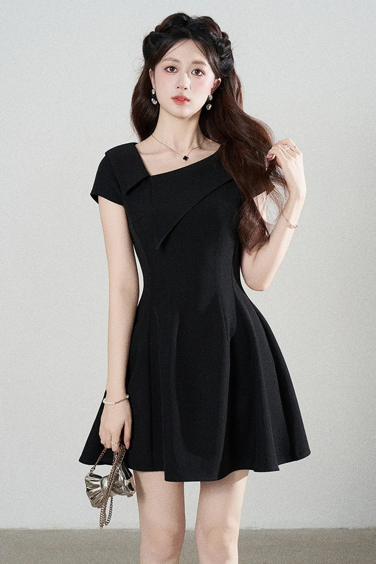 Irregular Collar Black A-Line Dress
