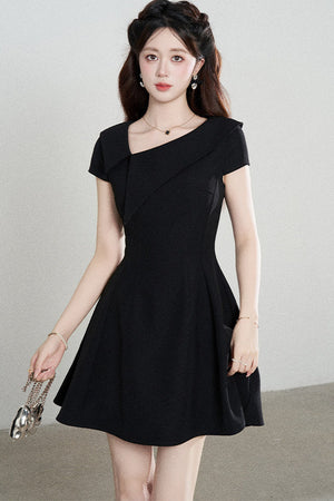 Irregular Collar Black A-Line Dress