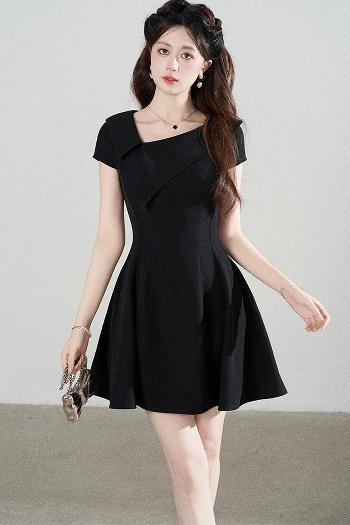 Irregular Collar Black A-Line Dress