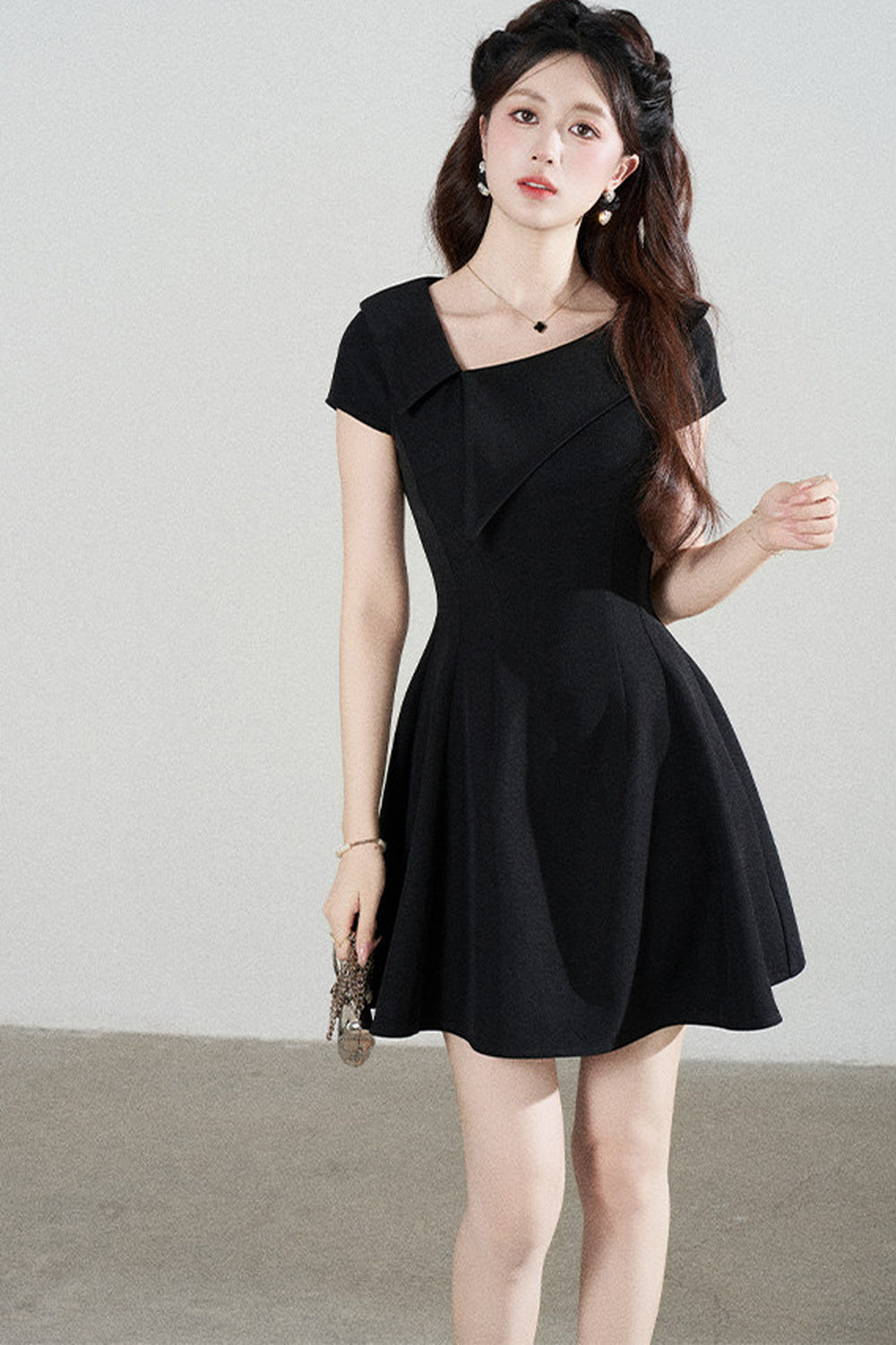 Irregular Collar Black A-Line Dress