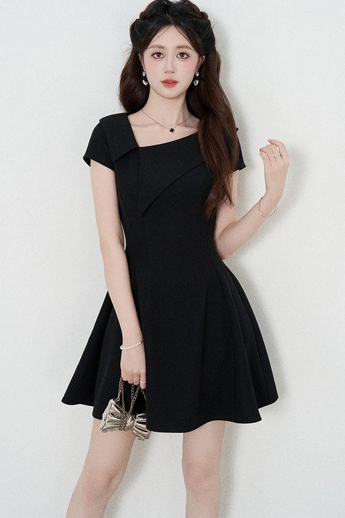 Irregular Collar Black A-Line Dress