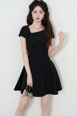Irregular Collar Black A-Line Dress