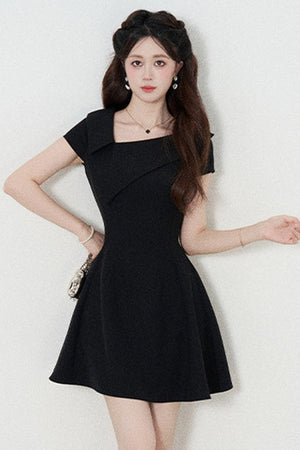 Irregular Collar Black A-Line Dress