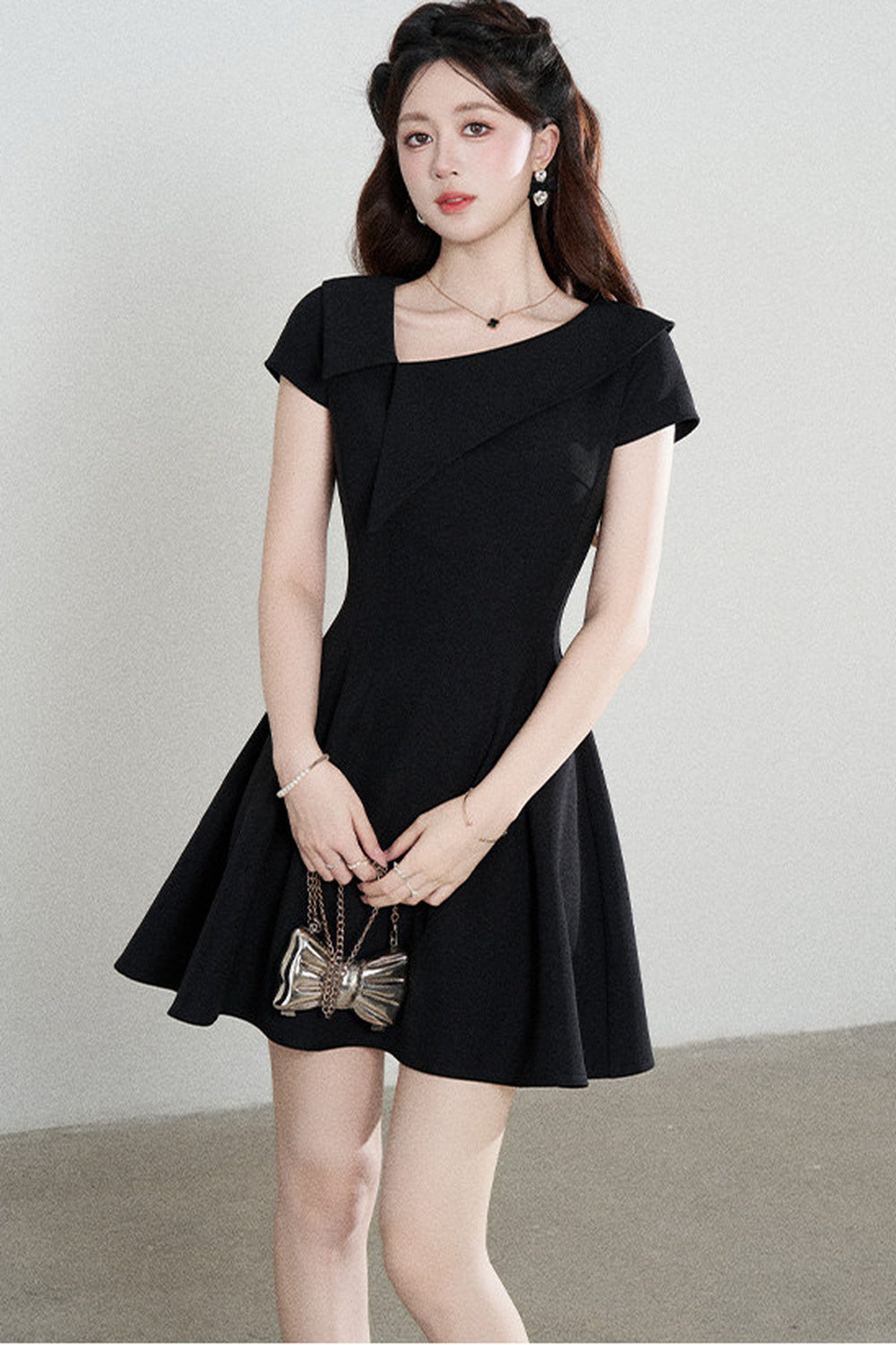 Irregular Collar Black A-Line Dress
