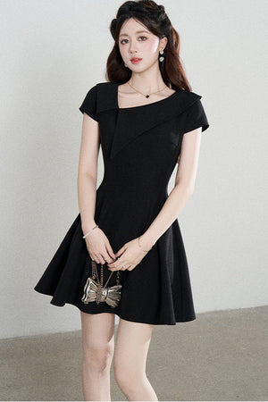 Irregular Collar Black A-Line Dress