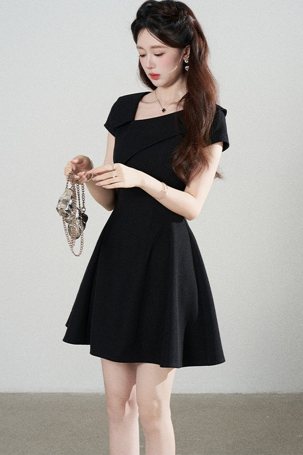 Irregular Collar Black A-Line Dress