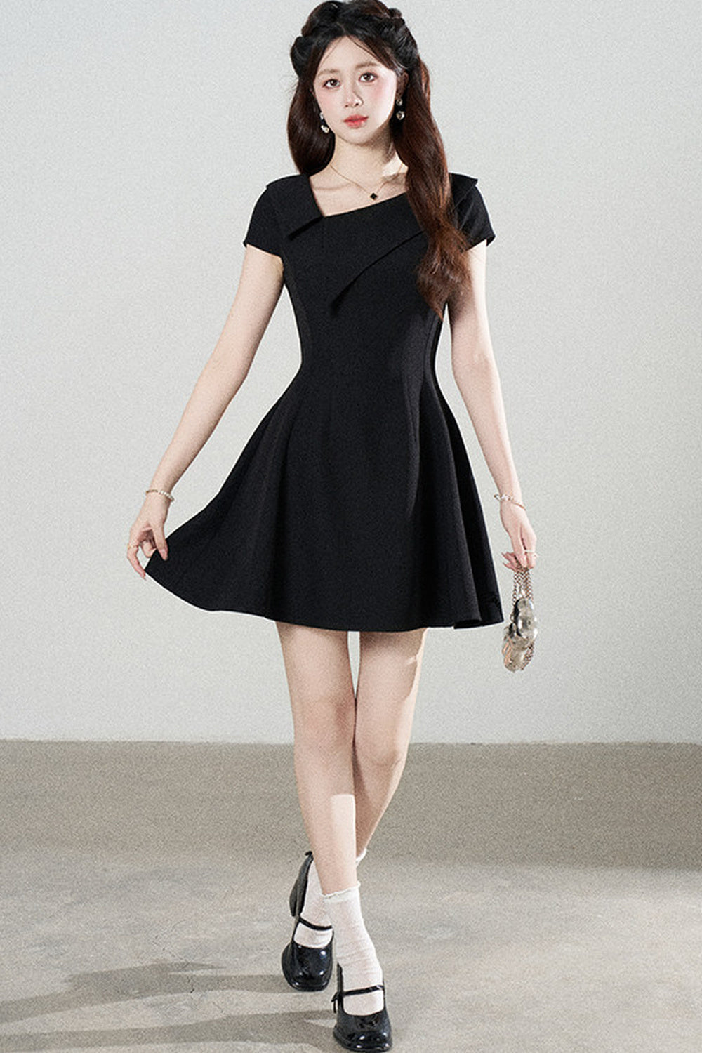 Irregular Collar Black A-Line Dress