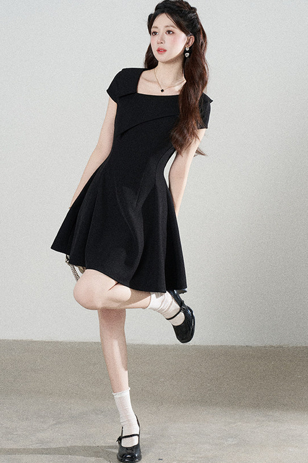 Irregular Collar Black A-Line Dress