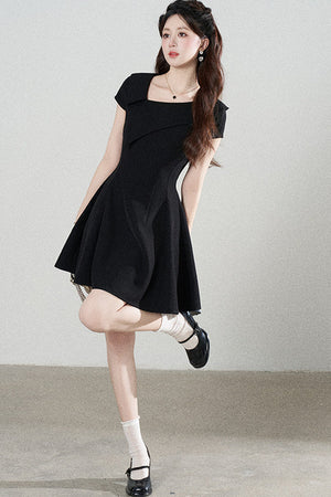 Irregular Collar Black A-Line Dress