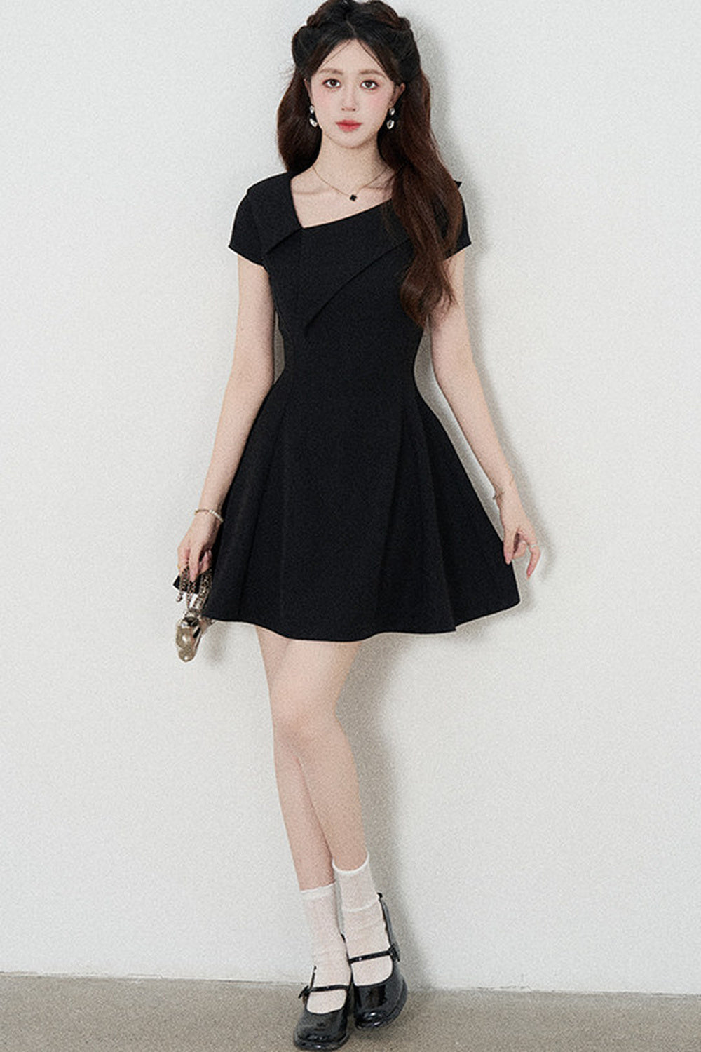 Irregular Collar Black A-Line Dress
