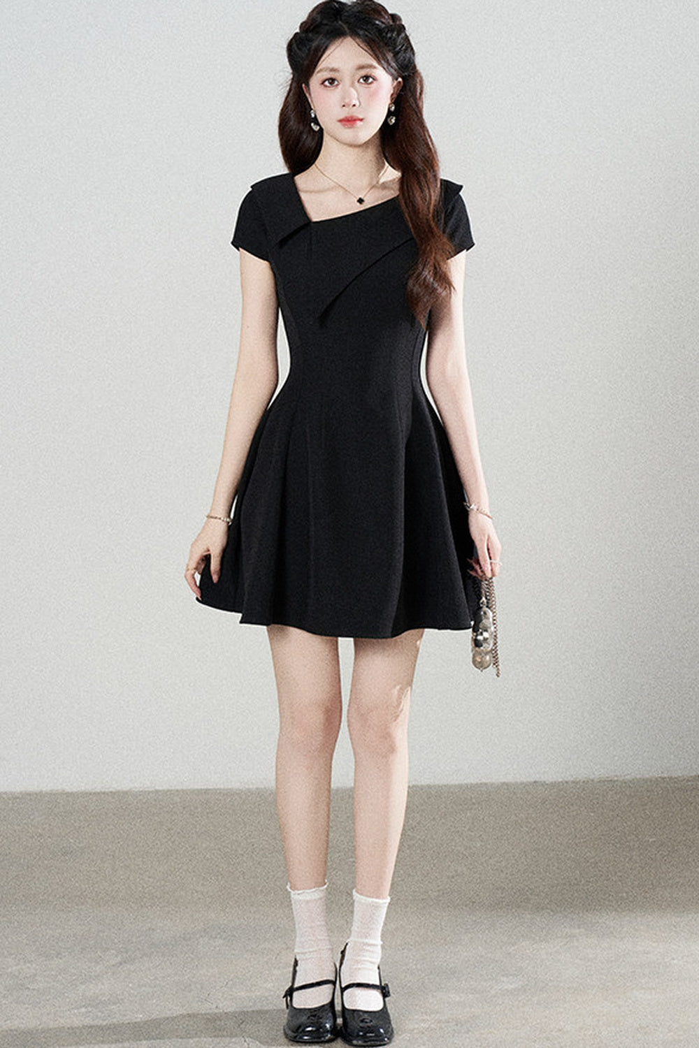 Irregular Collar Black A-Line Dress