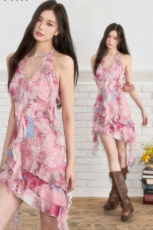 Irregular Floral Halter Dress