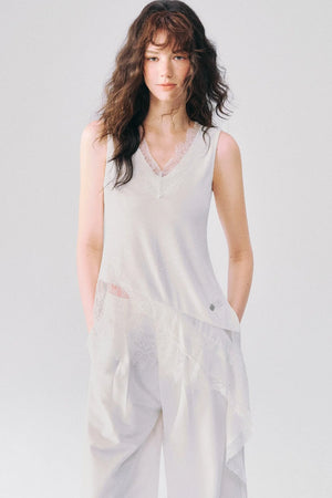 Irregular Hem Lace V-Neck Sleeveless Top