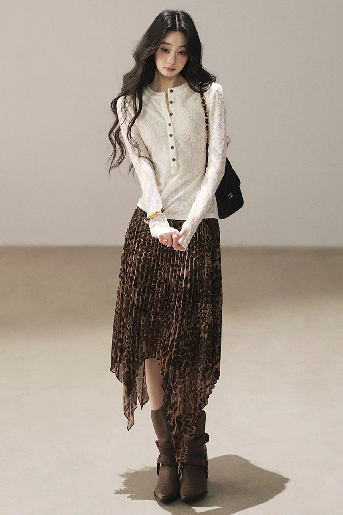 Irregular Hem Stacked Pleats Leopard Skirt