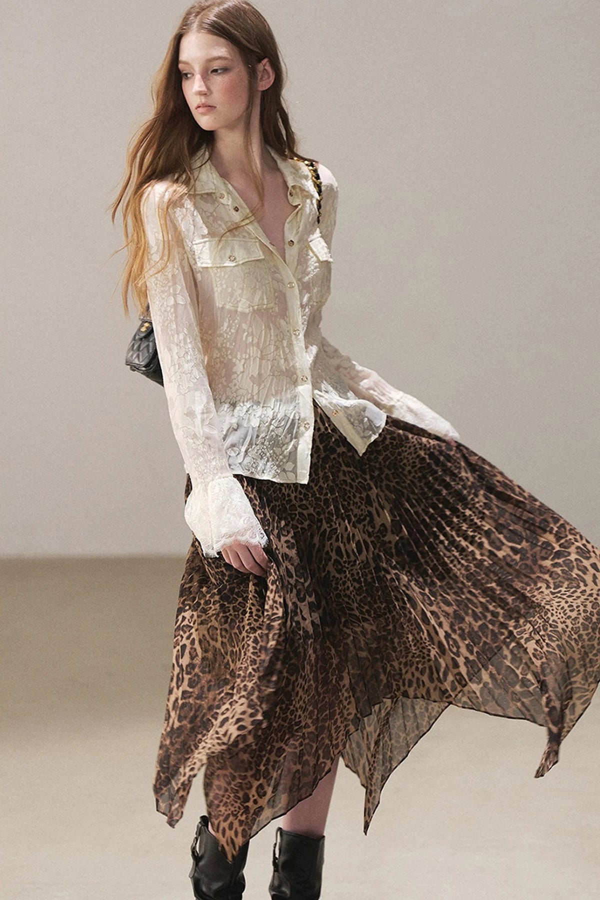 Irregular Hem Stacked Pleats Leopard Skirt