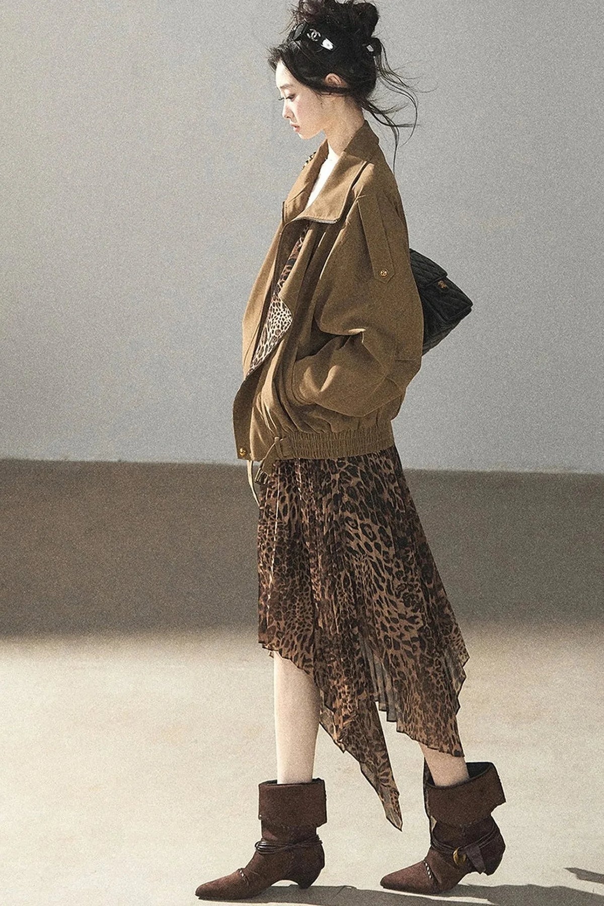 Irregular Hem Stacked Pleats Leopard Skirt