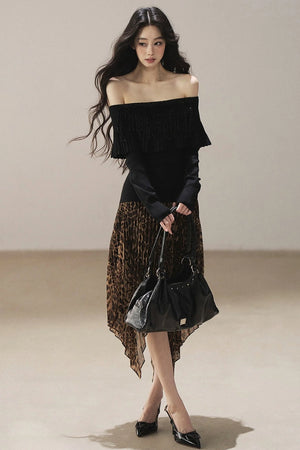 Irregular Hem Stacked Pleats Leopard Skirt