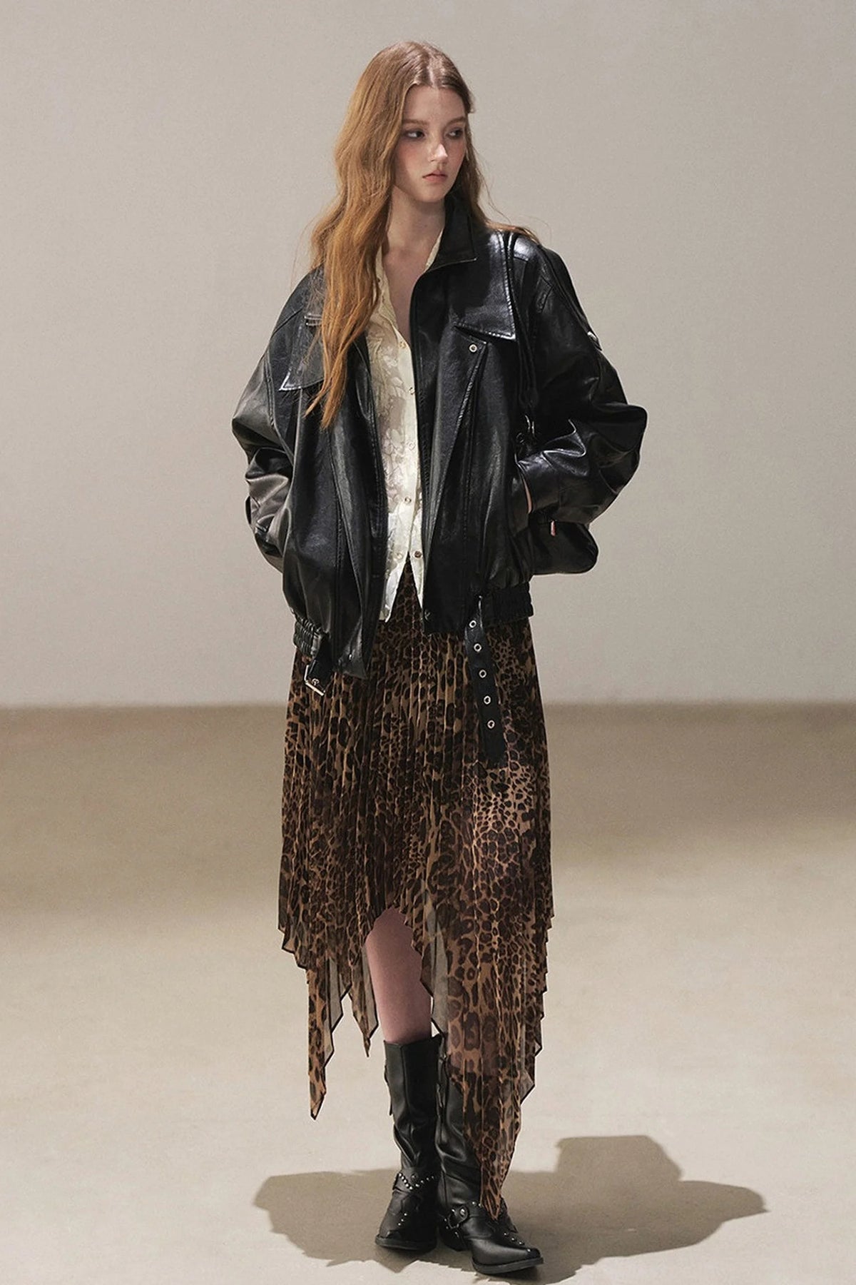 Irregular Hem Stacked Pleats Leopard Skirt