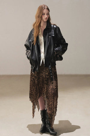 Irregular Hem Stacked Pleats Leopard Skirt