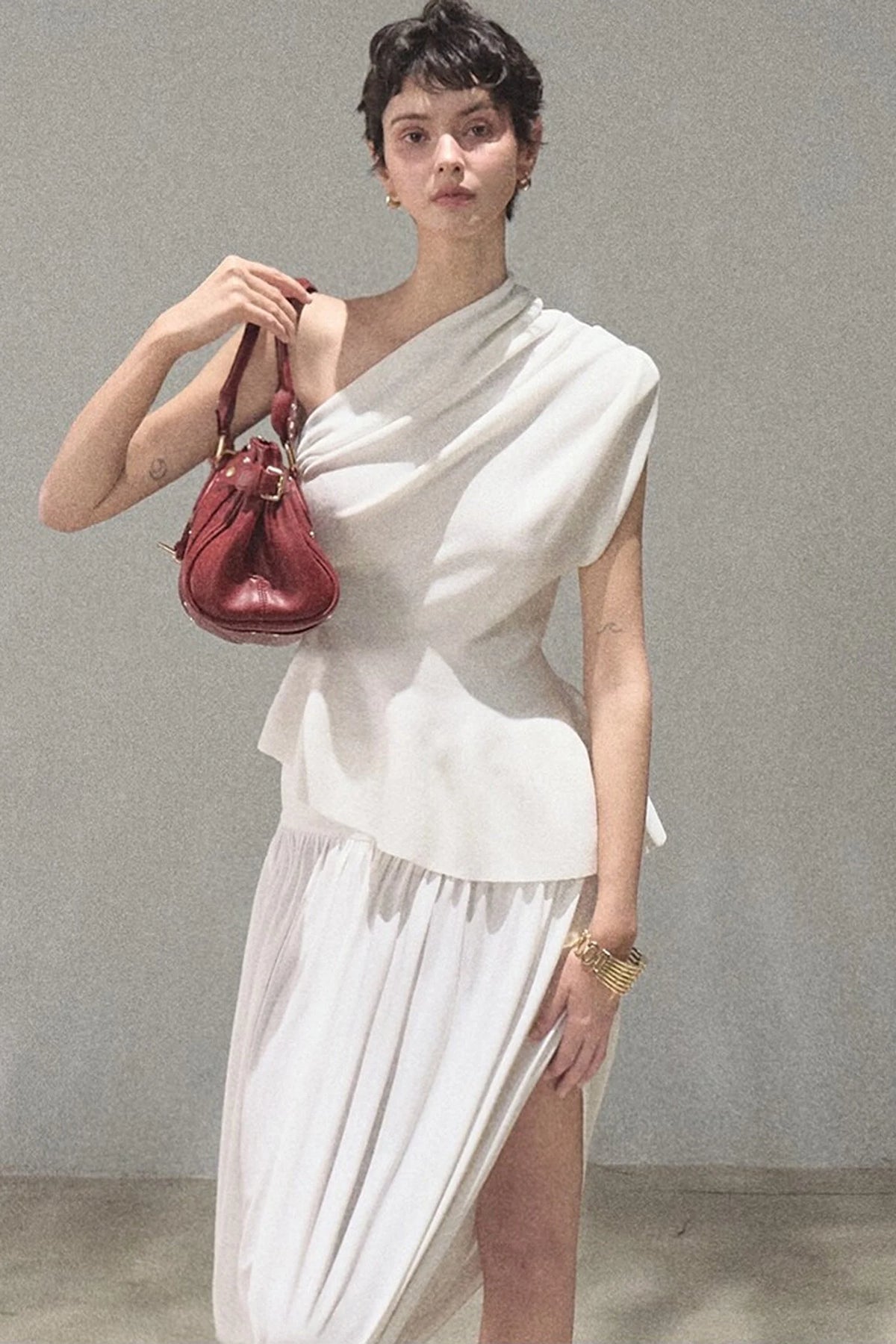 Irregular High-Waisted White Slit Skirt