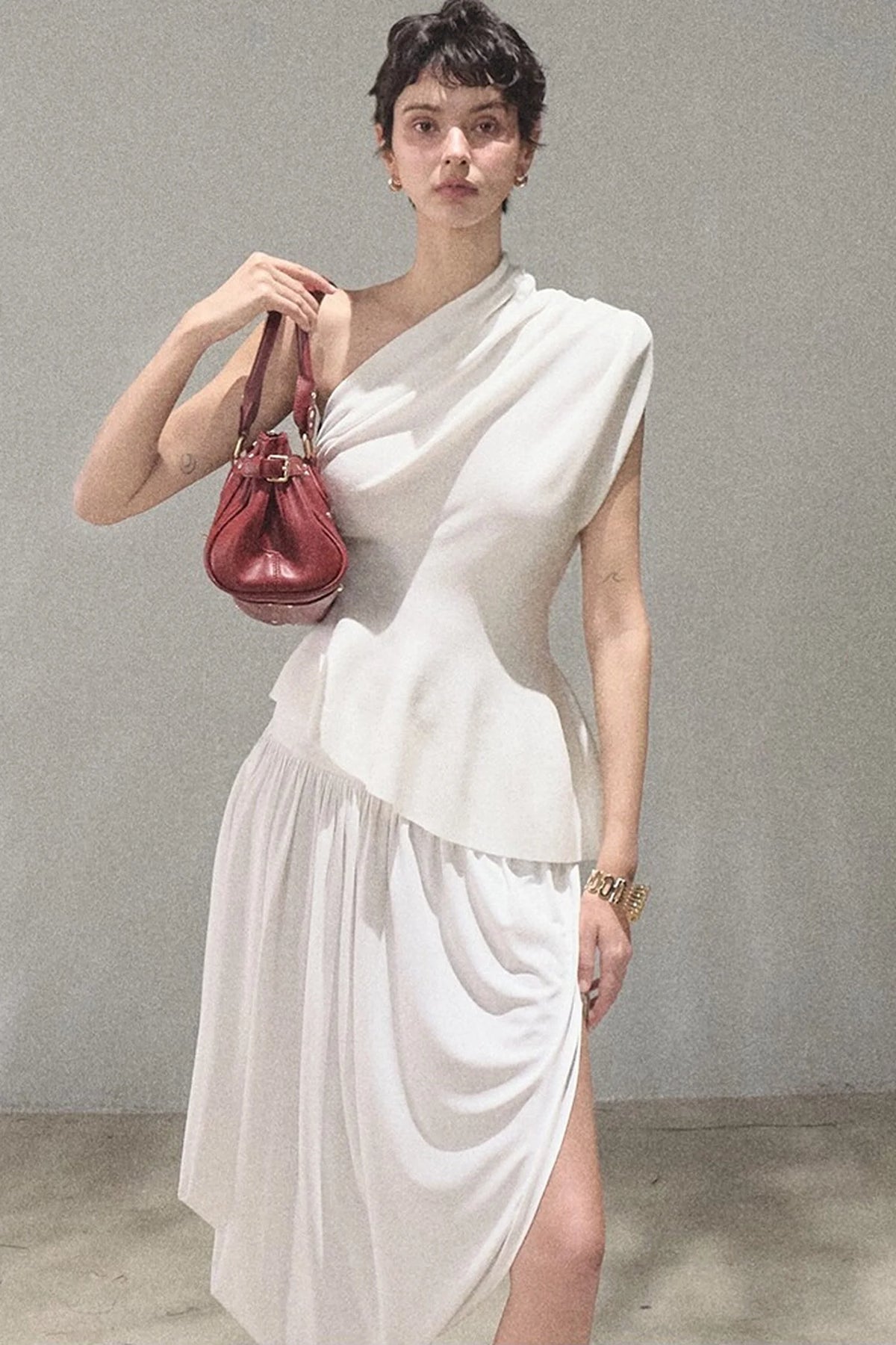 Irregular High-Waisted White Slit Skirt