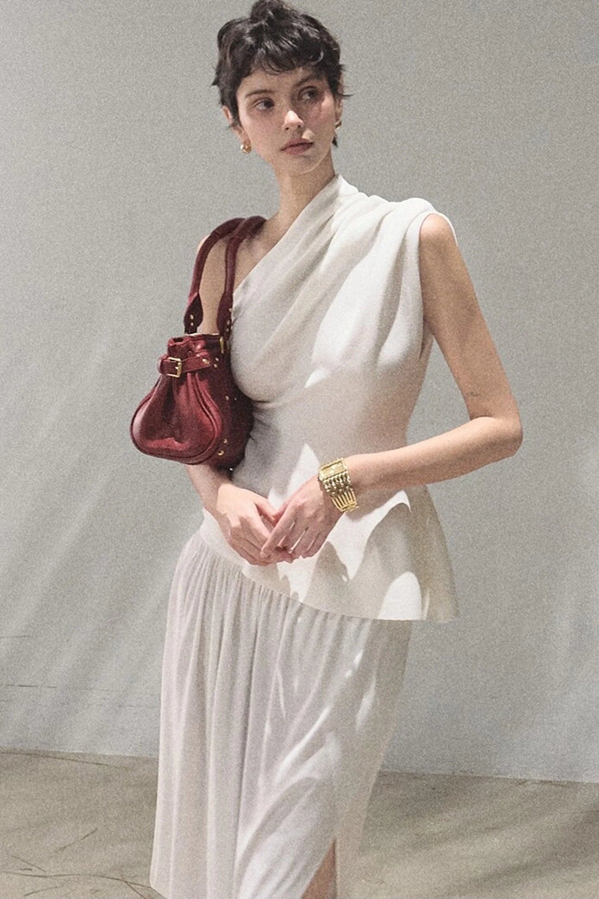 Irregular High-Waisted White Slit Skirt
