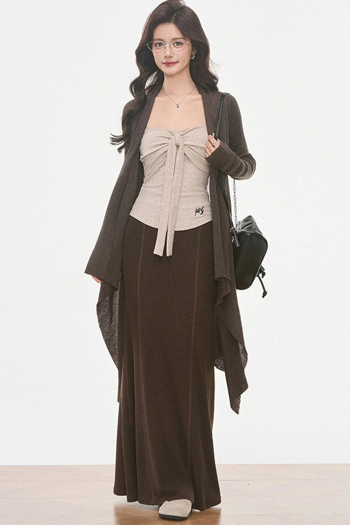 Irregular Knit Cardigan and Skirt 3-Piece Set-Up
