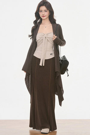 Irregular Knit Cardigan and Skirt 3-Piece Set-Up