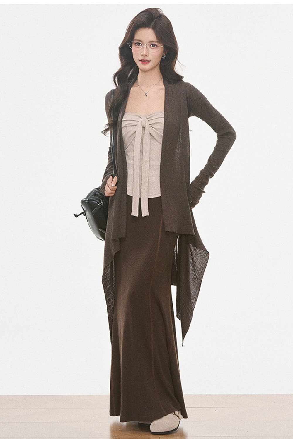 Irregular Knit Cardigan and Skirt 3-Piece Set-Up