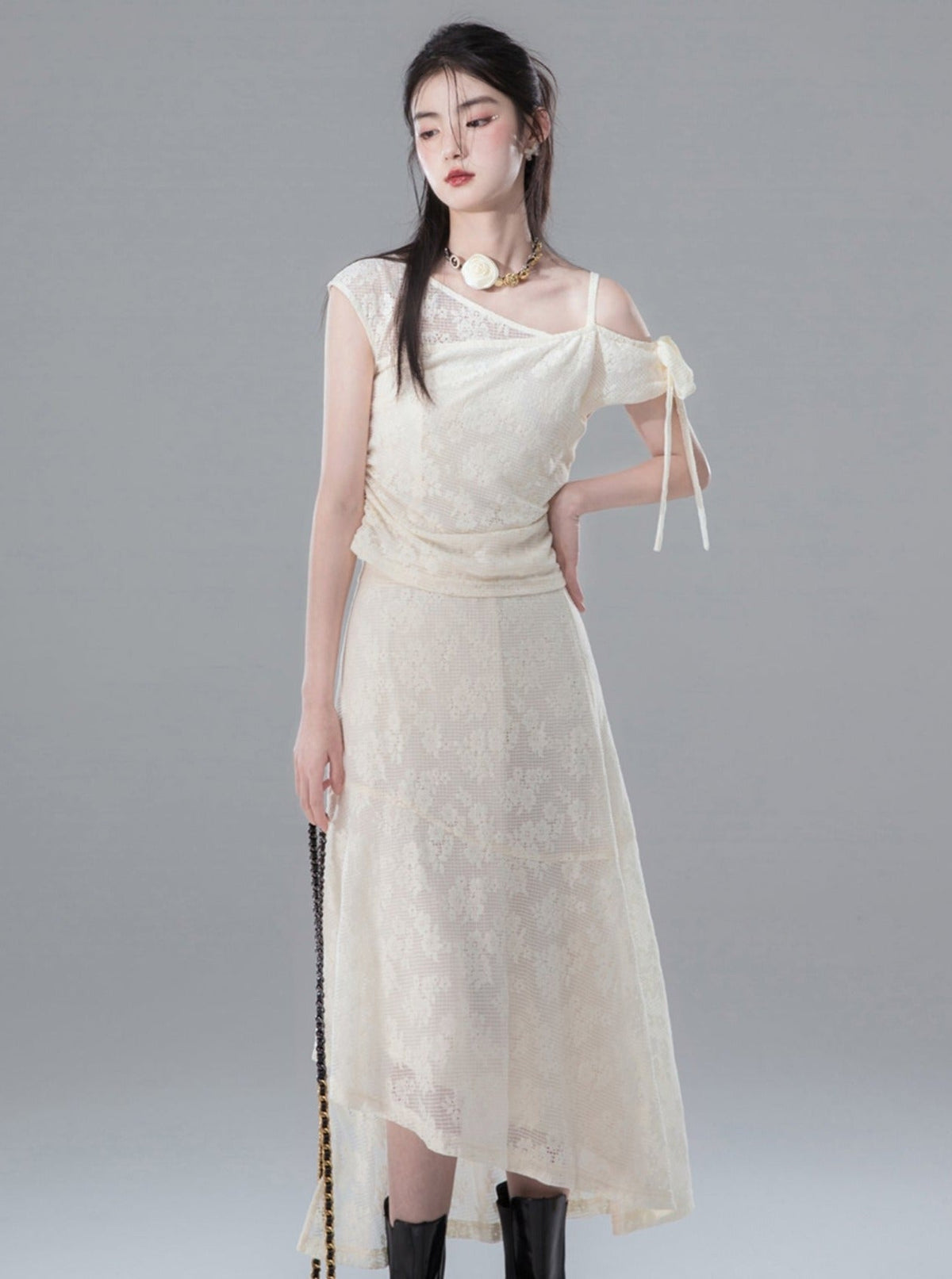 Irregular Patchwork Lace Off-Shoulder Set