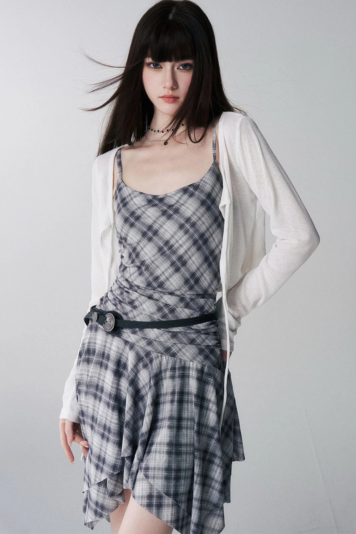 Irregular Plaid Suspender Dress Set-Up