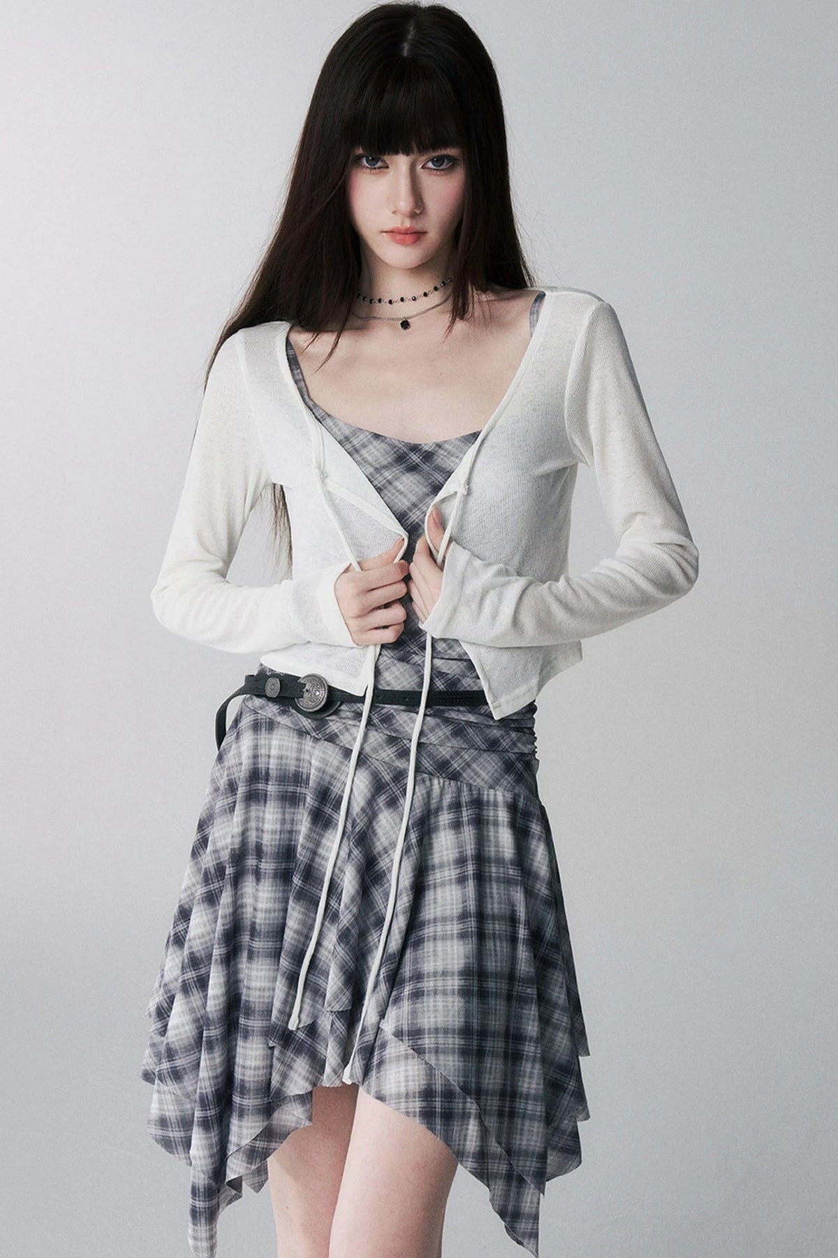 Irregular Plaid Suspender Dress Set-Up