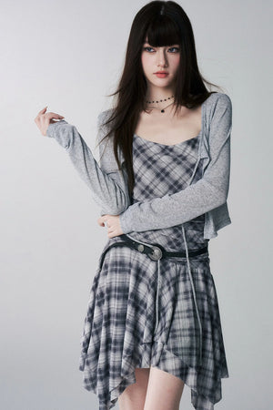 Irregular Plaid Suspender Dress Set-Up