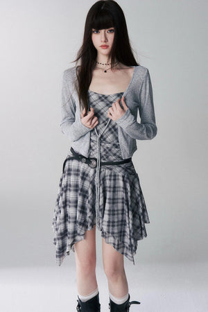Irregular Plaid Suspender Dress Set-Up