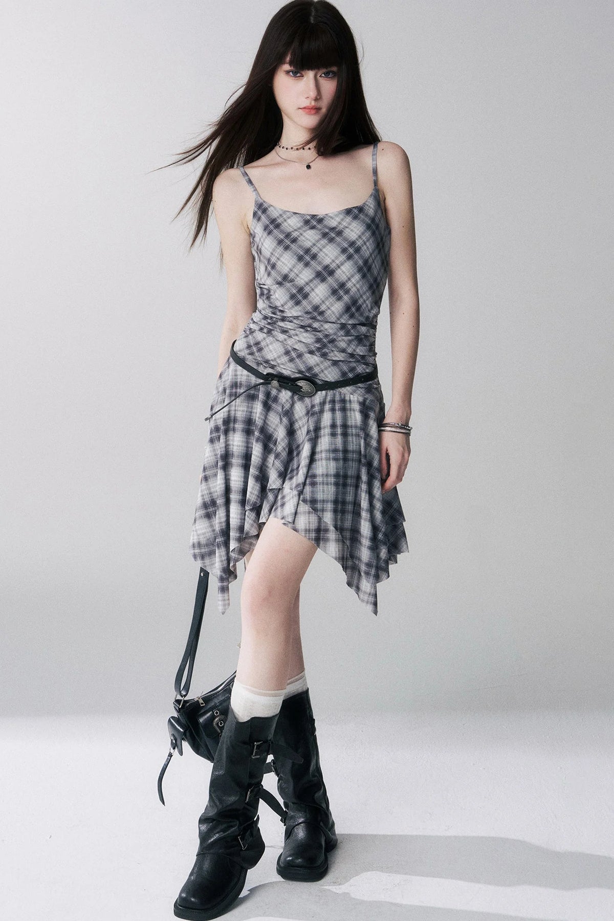 Irregular Plaid Suspender Dress Set-Up