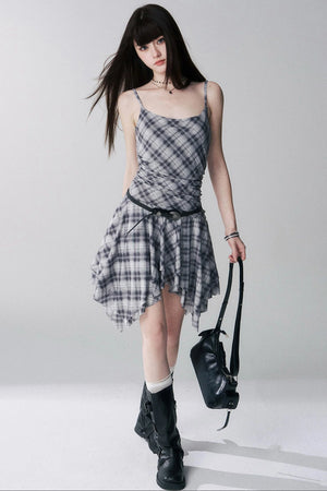 Irregular Plaid Suspender Dress Set-Up