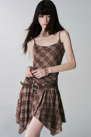 Irregular Plaid Suspender Dress Set-Up