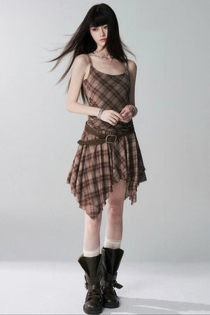 Irregular Plaid Suspender Dress Set-Up