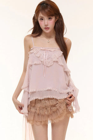 Irregular Ruffle Chiffon Camisole and Tulle Cake Skirt Set-Up