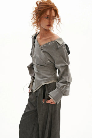 Irregular Textured Plaid Off-Shoulder Shirt