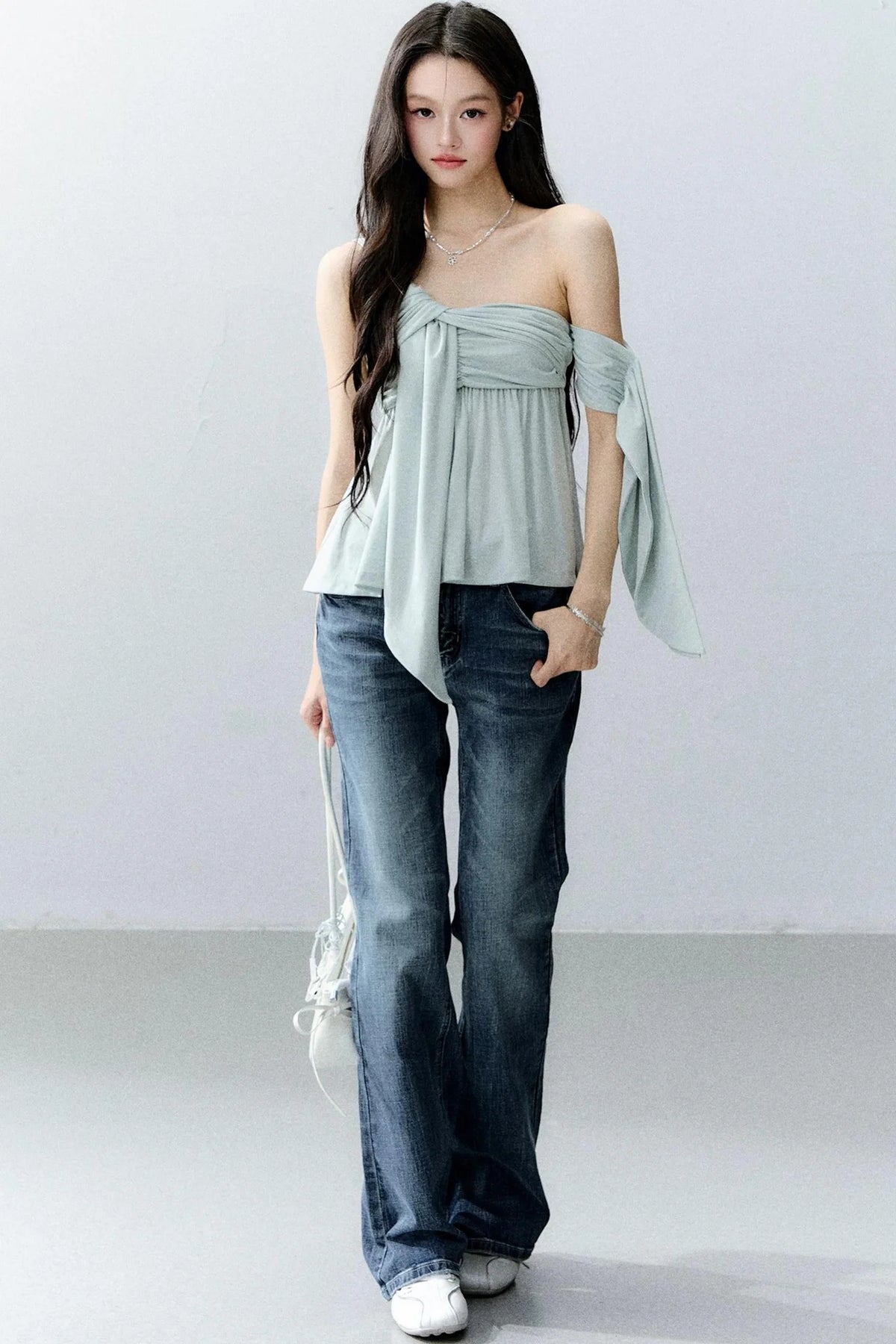 Island Green Asymmetrical Off-Shoulder Top Set-Up
