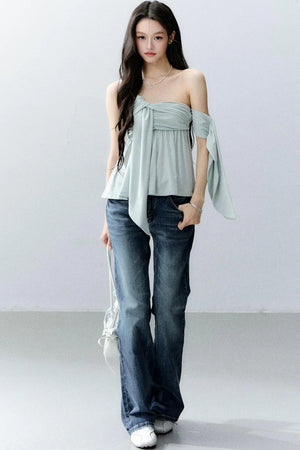 Island Green Asymmetrical Off-Shoulder Top Set-Up