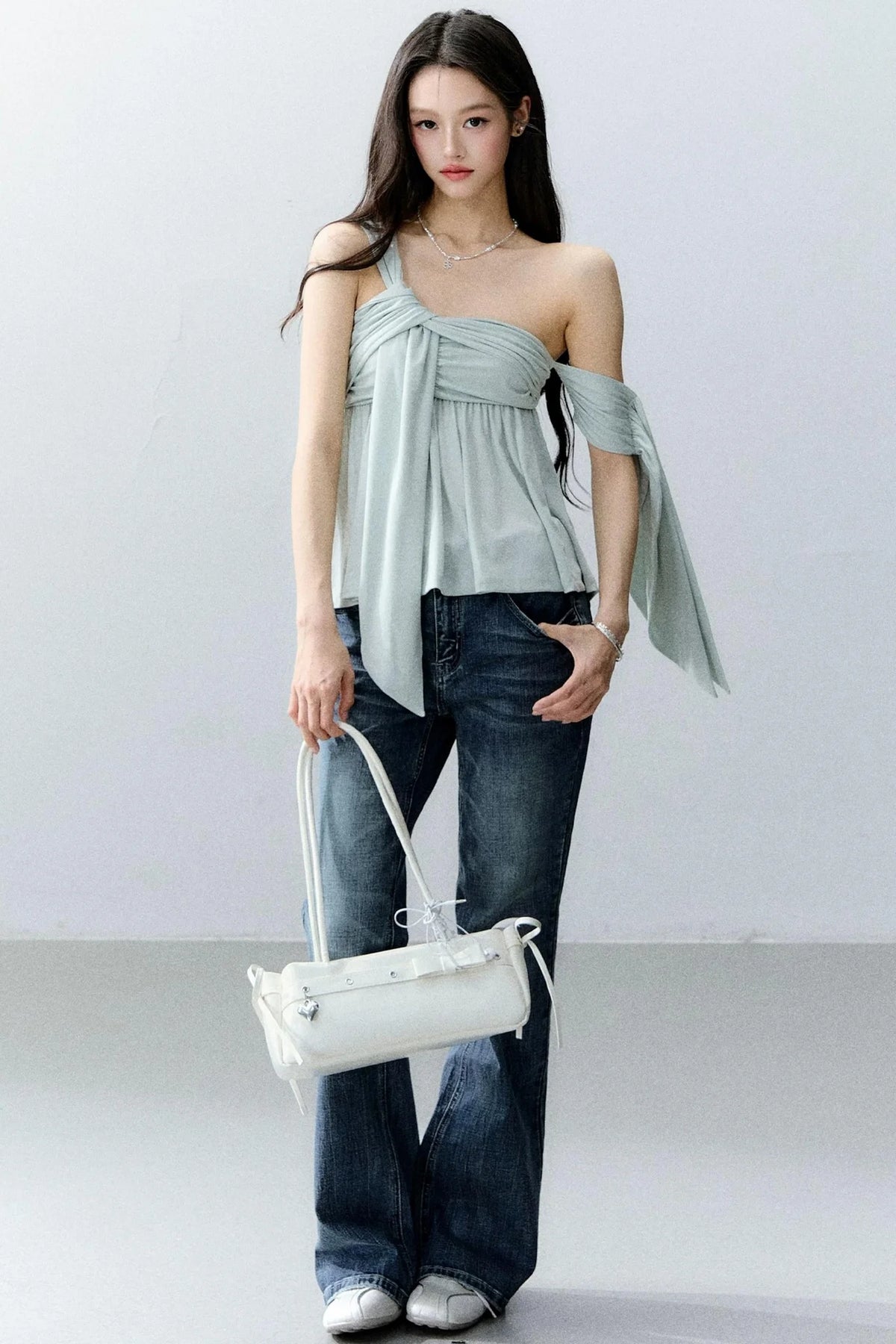 Island Green Asymmetrical Off-Shoulder Top Set-Up